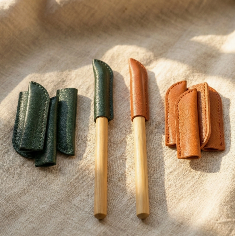 pencils with green and brown caps on brown background