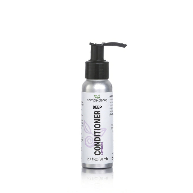 A silver pump bottle of  deep conditioner with a black dispenser and a white label reading 'DEEP CONDITIONER' by a simple planet, on a white background.