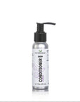 A silver pump bottle of  deep conditioner with a black dispenser and a white label reading 'DEEP CONDITIONER' by a simple planet, on a white background.