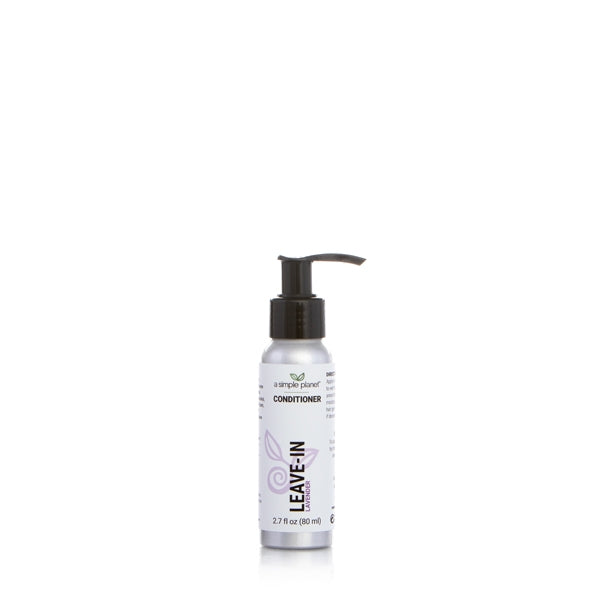 A 2.7 fl oz container of a simple planets plant based refillable leave in conditioner. It is in an aluminum container and has a white and purple label. 