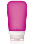 A large 3.4 oz silicone bottle in the color magenta on a white surface. 