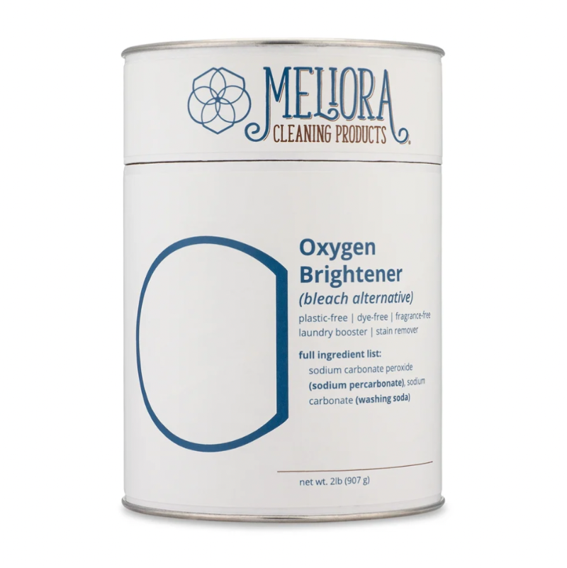 A white metal canister of Meliora Cleaning Products Oxygen Brightener, featuring blue and dark gray text and a blue circular graphic on a clean white background.