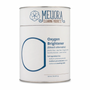 A white metal canister of Meliora Cleaning Products Oxygen Brightener, featuring blue and dark gray text and a blue circular graphic on a clean white background.