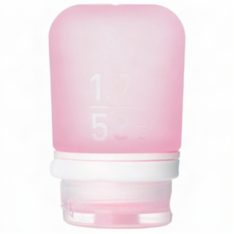 A small 1.7 oz silicone bottle in the color pink on a white surface. 