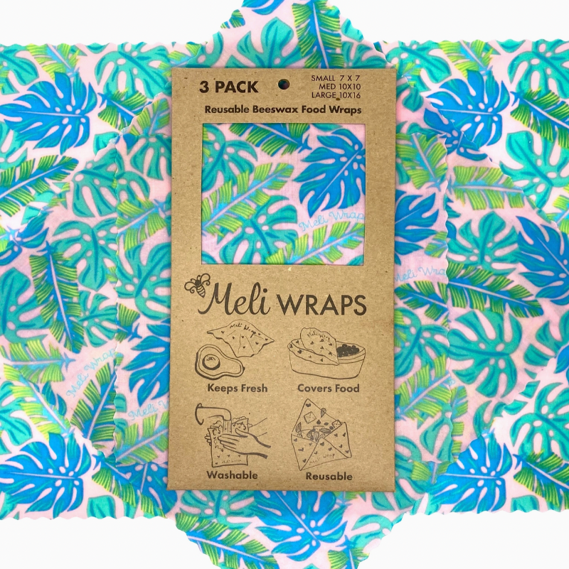 Monstera print on pink beeswax wrap fabric with paper packaging