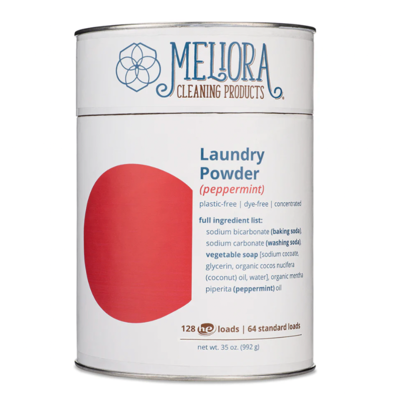 Can of Meliora Laundry Powder with peppermint flavor on a white background