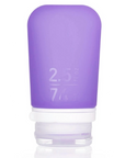 A medium 2.5 oz silicone bottle in the color purple on a white surface. 
