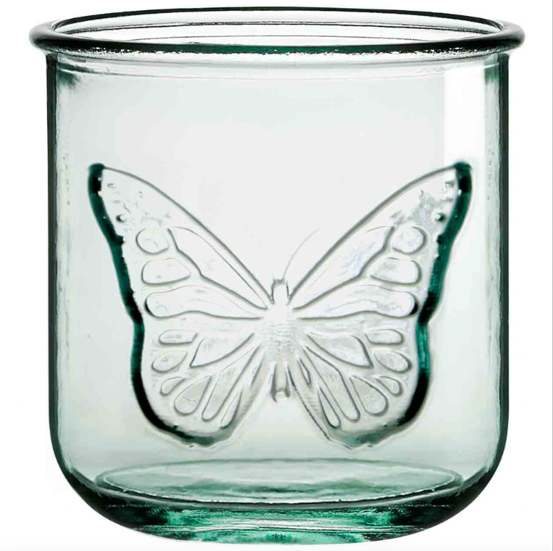 Clear glass candle holder with butterfly design on a white background
