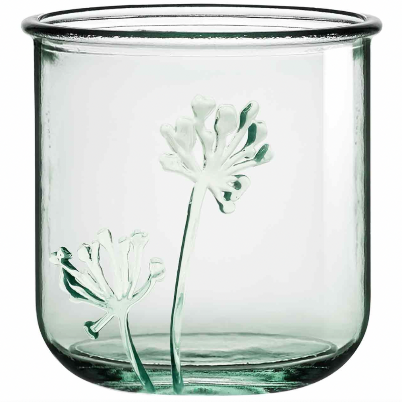 green glass jar with flower 