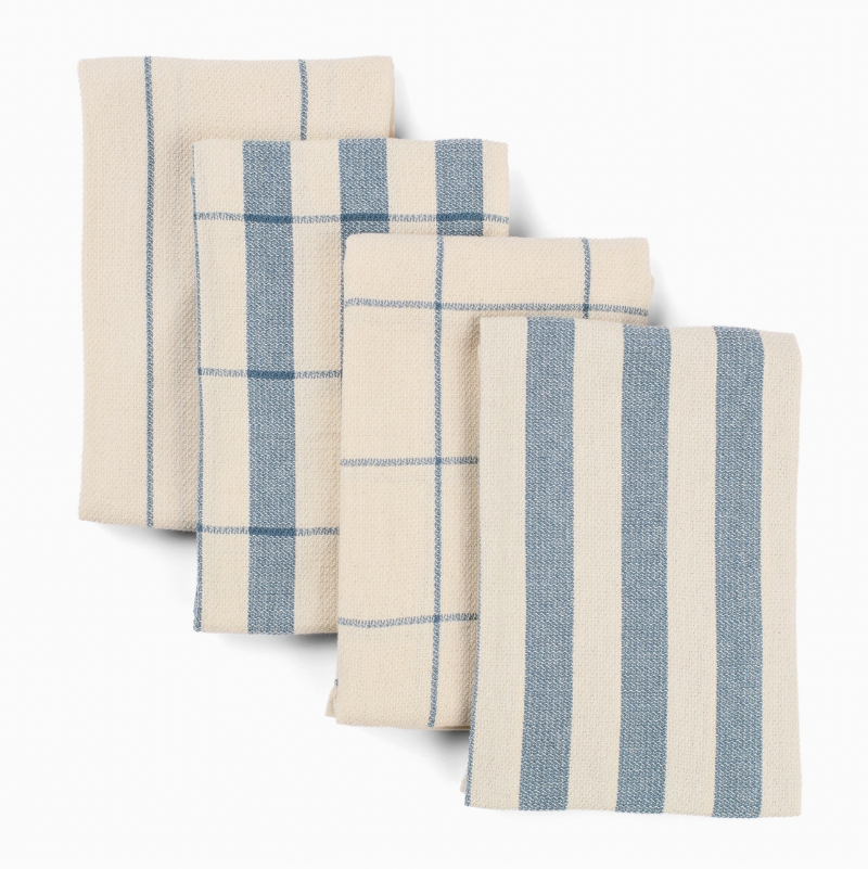 Set of four striped and checkered towels on a white background