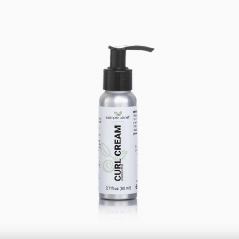 A Simple Planet Curl Cream, a silver 2.7 fl oz (80 ml) pump bottle with green and black text, stands upright against a plain white background. Infused with Organic Flaxseed, it helps achieve soft, defined curls.