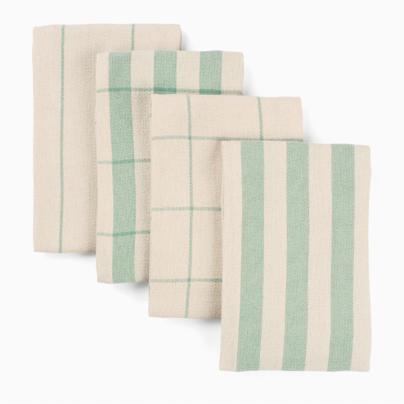 Set of four striped towels with green and beige patterns on a white background