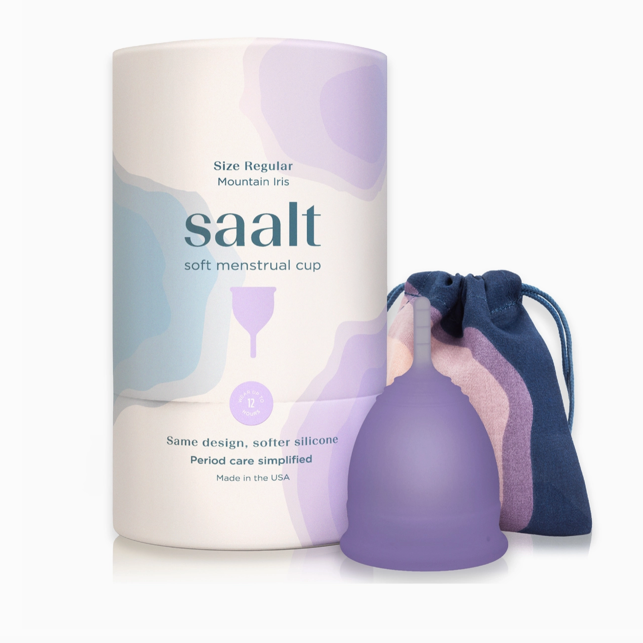 purple menstrual cup with blue and purple carrying bag on white background. 