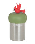 The Teany Tiny Kitchen Floating Tea Infuser features a stainless steel design with a green silicone lid topped by a red cardinal, making tea steeping fun and enjoyable.