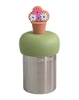 The Teany Tiny Kitchen Floating Tea Infuser features a stainless steel design with a green silicone lid topped by a brown flower pot with pink and white flowers, making tea steeping fun and enjoyable.