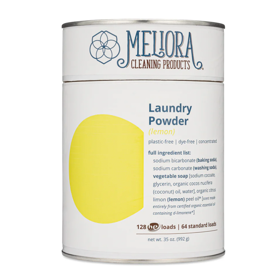 Mellora Laundry Powder container with lemon label on a white background