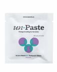 white package of un paste 10 zero waste mint toothpaste tablets with fluoride on white background. 