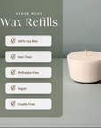 A graphic listing the Arbor Made Candle Refills Facts. It reads that they are "100% Soy wax, Non-toxic, Phthalate-Free, Vegan, and Cruelty Free". There is a wax refill out of the box alongside the list. 